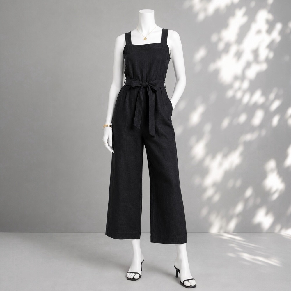 Quince European Linen Jumpsuit XS Black Square Neck Belted Minimalist Travel